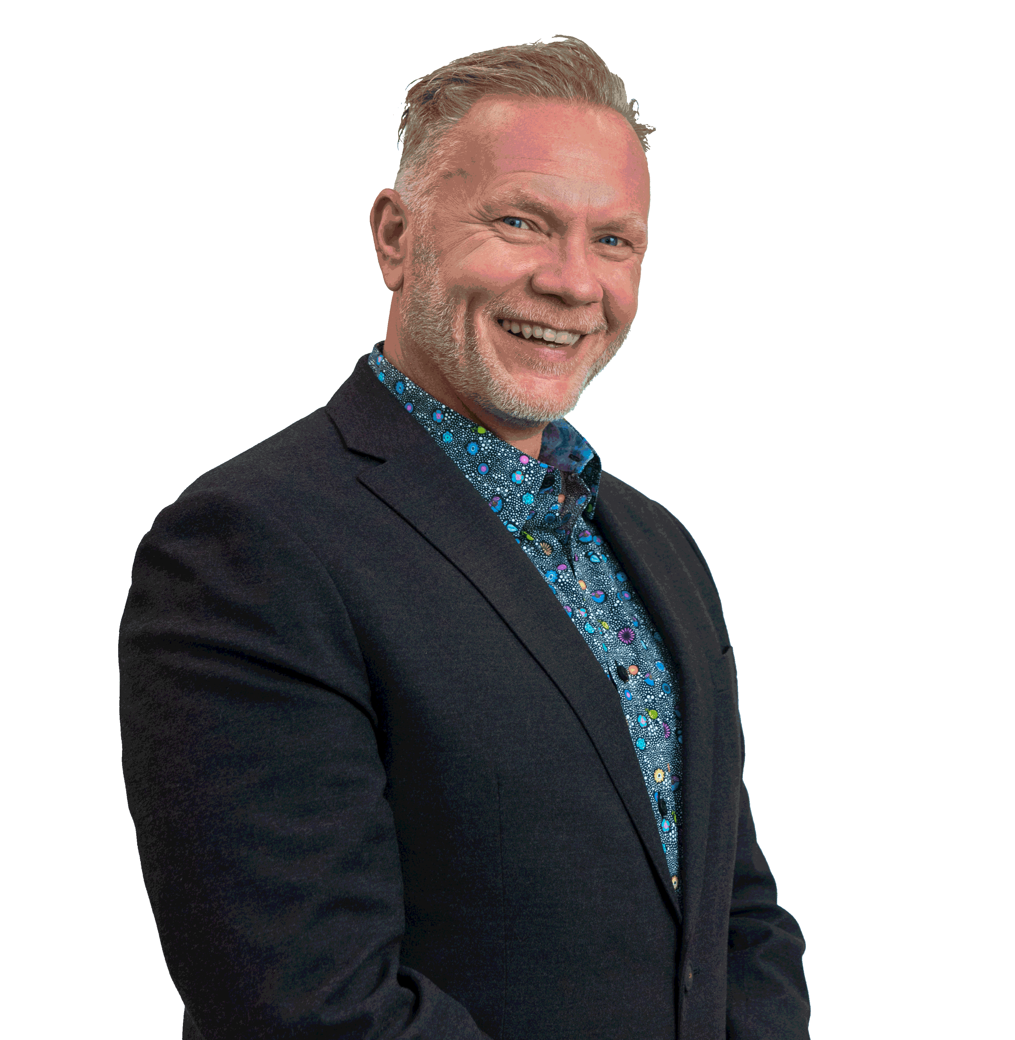 Headshot of a smiling man, Terry Smith, in a blue shirt and black blazer